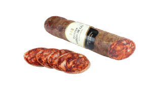 Chorizo ibérico gourmet entero y en rodajas, perfecto para disfrutar en aperitivos.