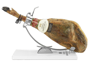 Jamón ibérico de bellota en soporte de corte, pieza entera de calidad gourmet.